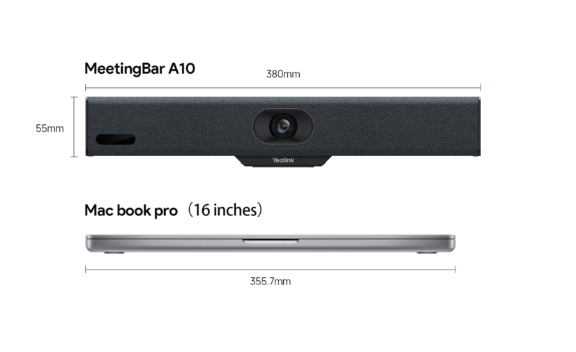 La barre de visioconférence Yealink A10 mesure 380mm de large pour 55mm de hauteur. Sa largeur est à peine plus grande qu'un mac book pro de 16 pouces