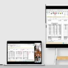 Ecran collaboratif INNEX MEETING HUB CM55 sur son chariot mobile - Représentation de la diffusion sans fil en mode BYOM depuis un ordinateur portable