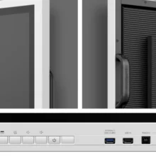 Connectiques de façade et vue des poignées de l'écran interactif SAMSUNG flip 75 et 85 pouces