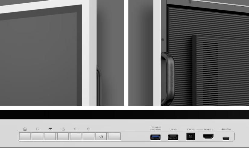 Connectiques de façade et vue des poignées de l'écran interactif SAMSUNG flip 75 et 85 pouces