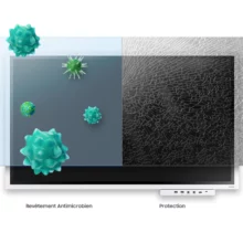 Vue simulée de la protection en verre trempée et du revêtement antimicrobien pour l'écran interactif SAMSUNG FLIP