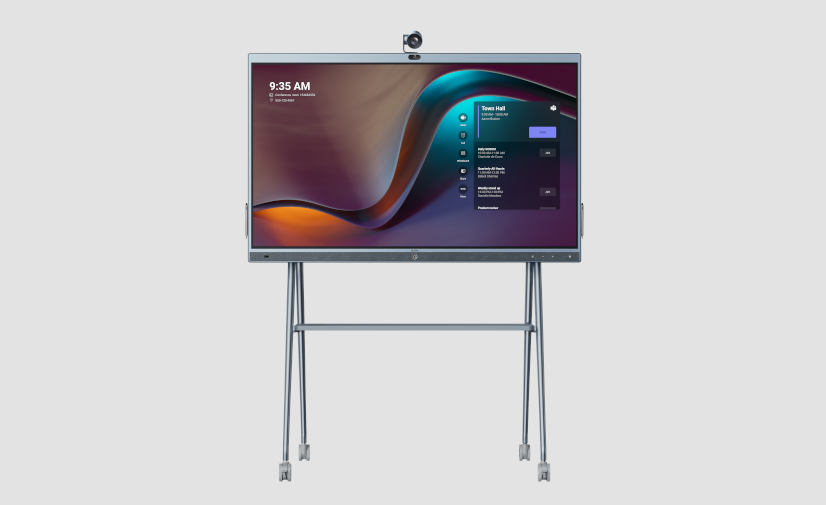 Ecran collaboratif tactile Yealink MeetingBoard 65 pouces monté sur son chariot mobile avec la caméra d'extension