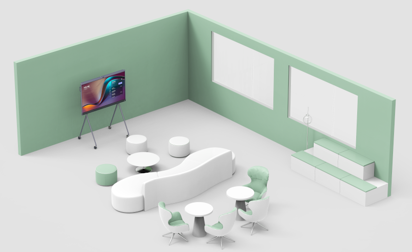 Ecran collaboratif tactile Yealink MeetingBoard 65 pouces - Vue 3D dans un espace collaboratif