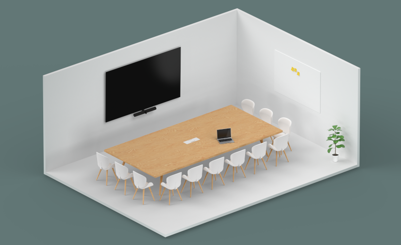 Barre de visioconférence PANACAST 50 - Dessin 3D d'une salle avec configuration panoramique 12 personnes