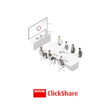 Vue simulée (dessin 3D) d'une salle de réunion équipée d'un Clickshare CX30