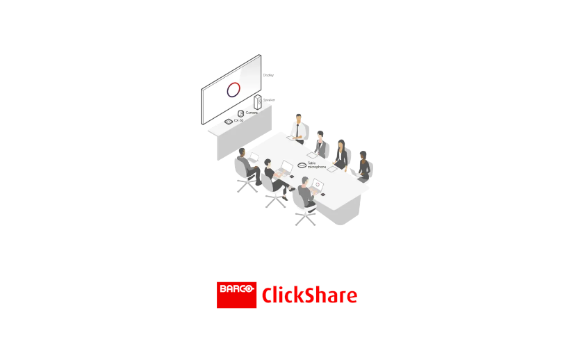 Vue simulée (dessin 3D) d'une salle de réunion équipée d'un Clickshare CX30