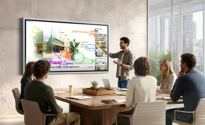 Écran interactif Samsung Flip WMFX en salle de réunion, avec annotations manuscrites sur une présentation