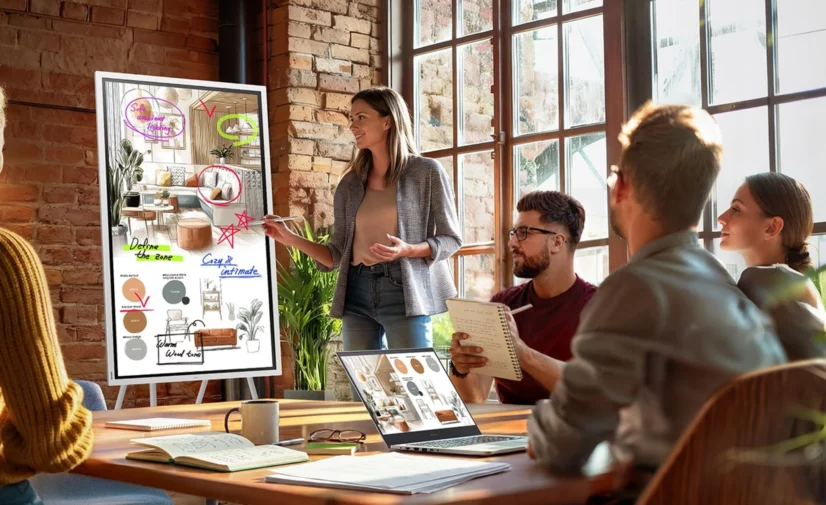 Samsung Flip WMFX en mode portrait paperboard, sur pied, pendant un atelier de travail