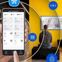 Supervision à distance d'un parc d'écrans Samsung Flip WMFX depuis l'application SmartThings Pro sur smartphone