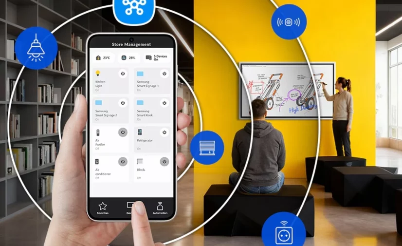 Supervision à distance d'un parc d'écrans Samsung Flip WMFX depuis l'application SmartThings Pro sur smartphone