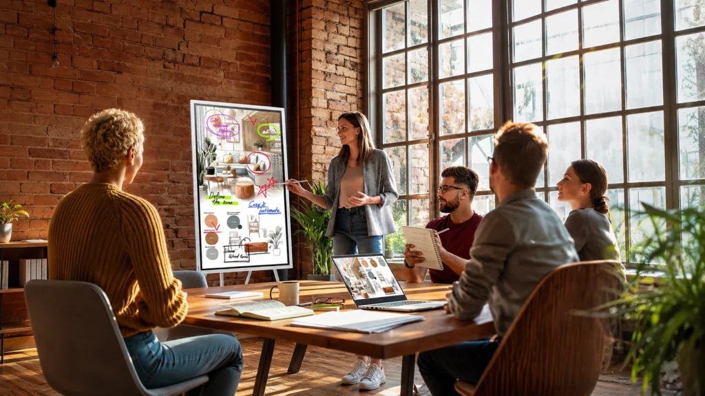 Écran interactif Samsung Flip WMFX en mode portrait sur son support, pendant une réunion de travail