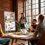 Écran interactif Samsung Flip WMFX en mode portrait sur son support, pendant une réunion de travail