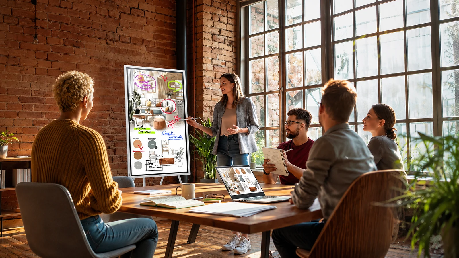 Écran interactif Samsung Flip WMFX en mode portrait sur son support, pendant une réunion de travail