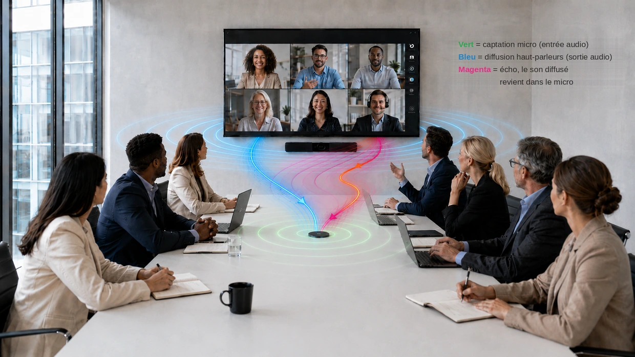 Vue d'illustration du trajet du son dans une salle de réunion : en vert la captation par le micro de table, en bleu la diffusion par la barre de visioconférence, en magenta l'écho qui revient dans le micro