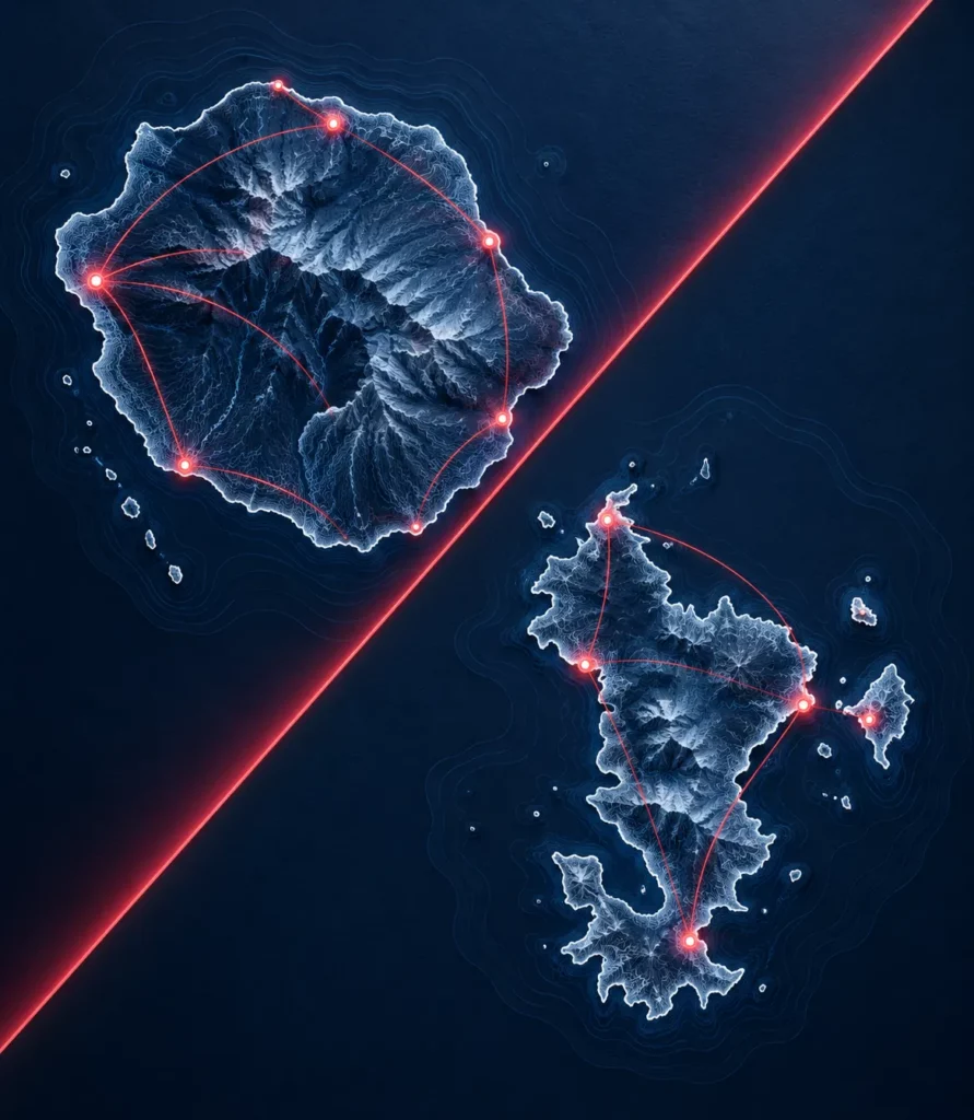 Cartes de La Réunion et de Mayotte séparées par une diagonale rouge, les deux territoires d'intervention d'ILINOVE Technologies