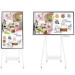 Écran interactif Samsung Flip 55 pouces sur pied à roulettes, présenté en mode portrait puis en mode paysage
