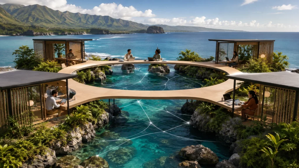 Vue d'illustration : espaces de travail connectés en bord de mer, collaborateurs en réunion à distance
