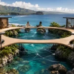 Vue d'illustration : espaces de travail connectés en bord de mer, collaborateurs en réunion à distance