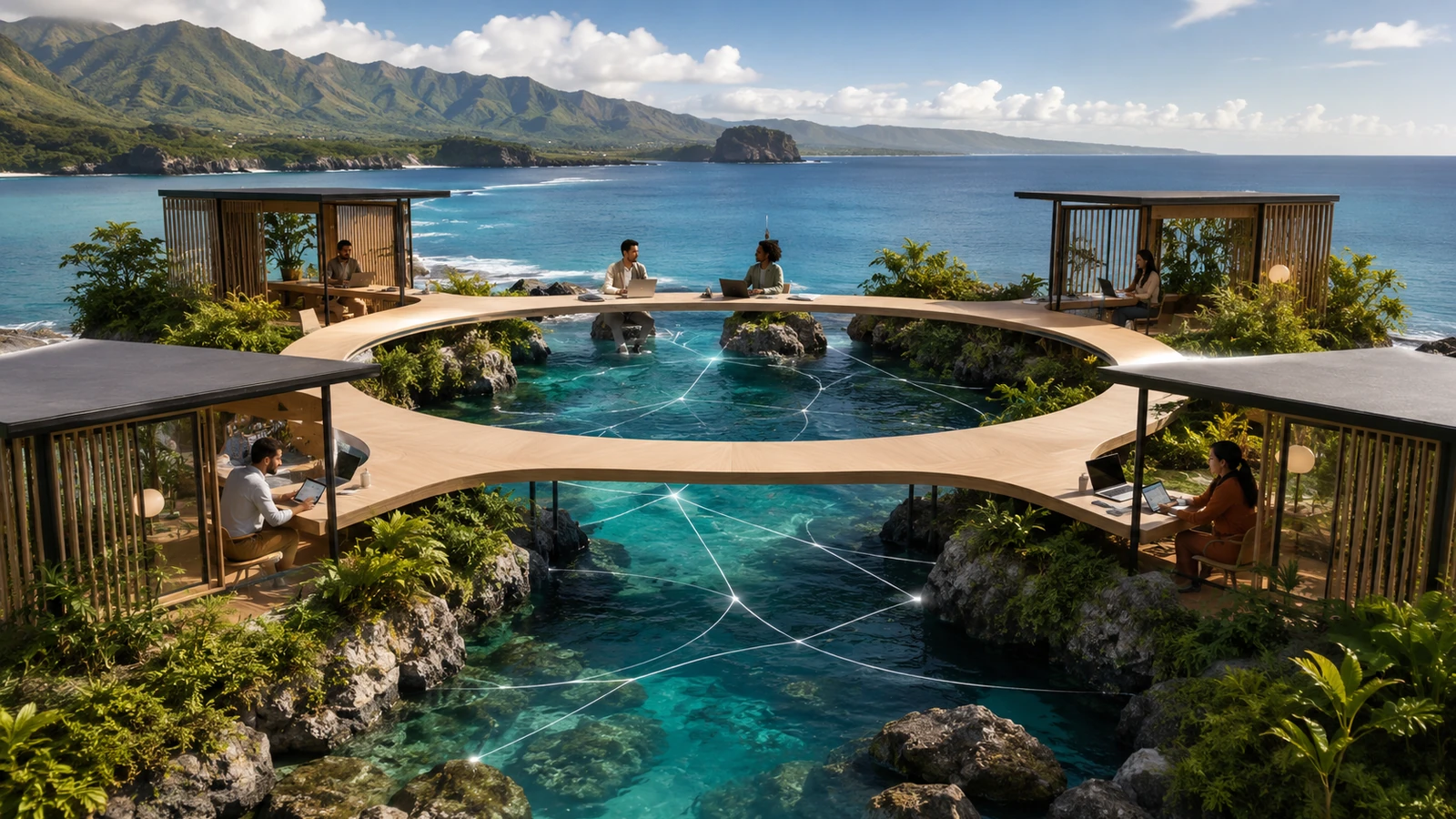 Vue d'illustration : espaces de travail connectés en bord de mer, collaborateurs en réunion à distance